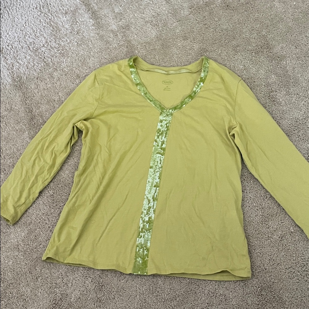 Talbots Light Green V-Neck Blouse with Sequin Trim